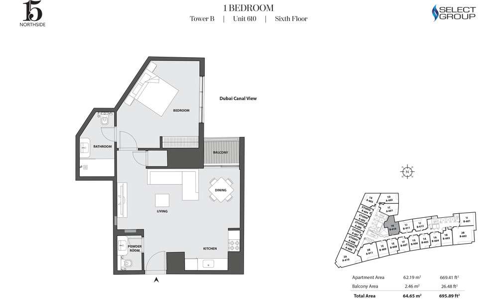 Tower B, 1 Bedroom, Unit 610, Sixth Floor